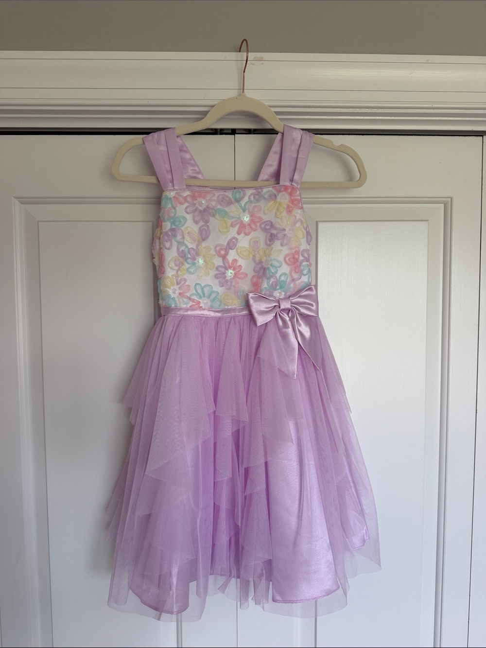Jona Michelle Lilac Floral Tulle Dress with Satin Bow